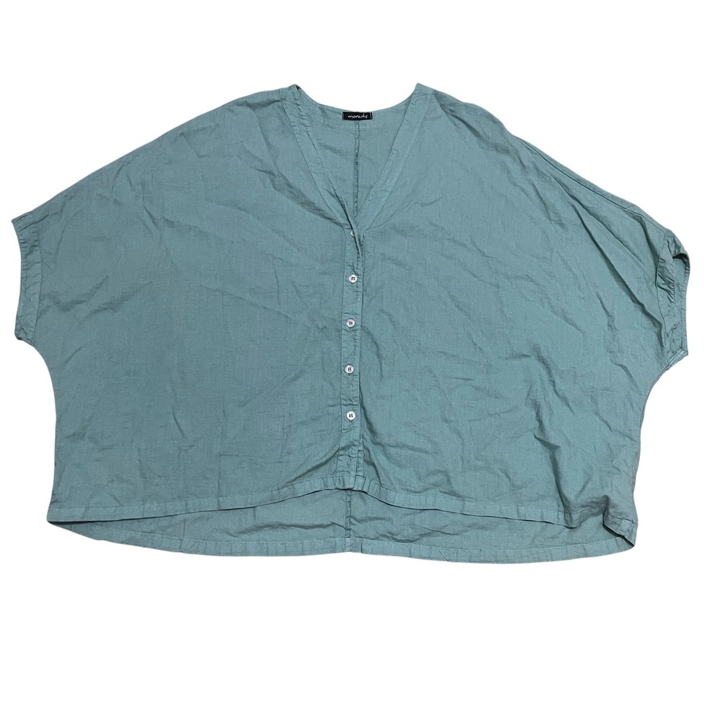 Moraitis Women Seafoam Green Linen Blend Button Down Dolman Sleeve Oversized Top